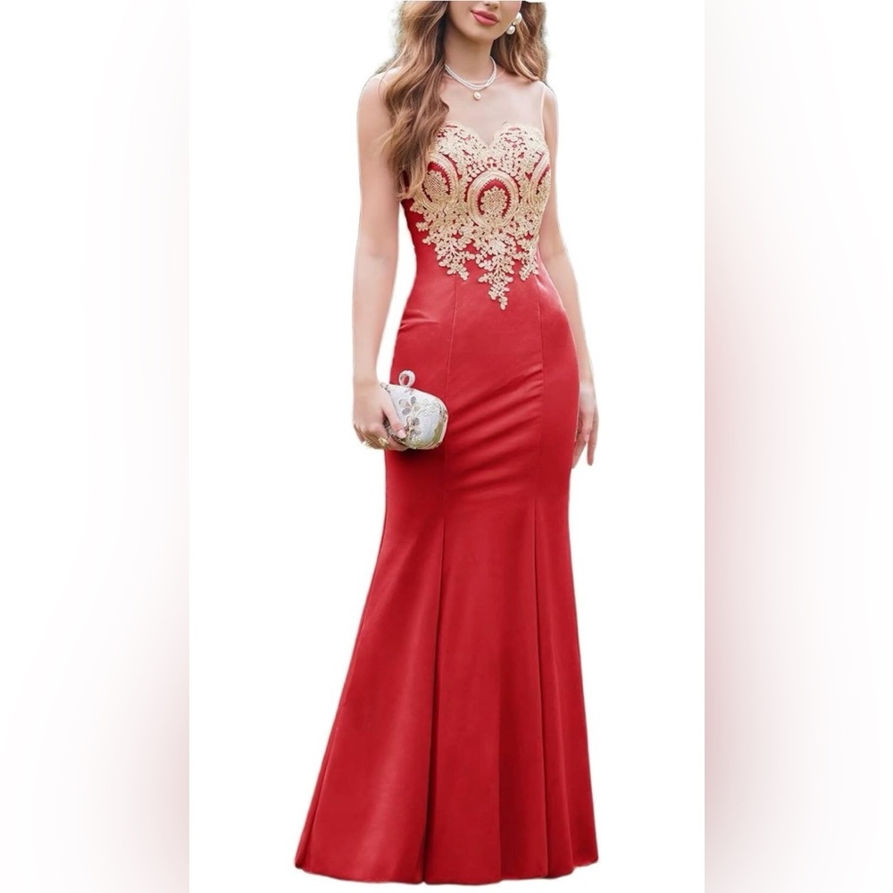 Stunning Red and Gold Lace Maxi Dress